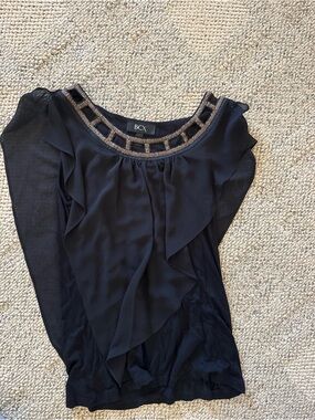 BCX Black Blouse with Metallic Trimmed Scoop Neckline